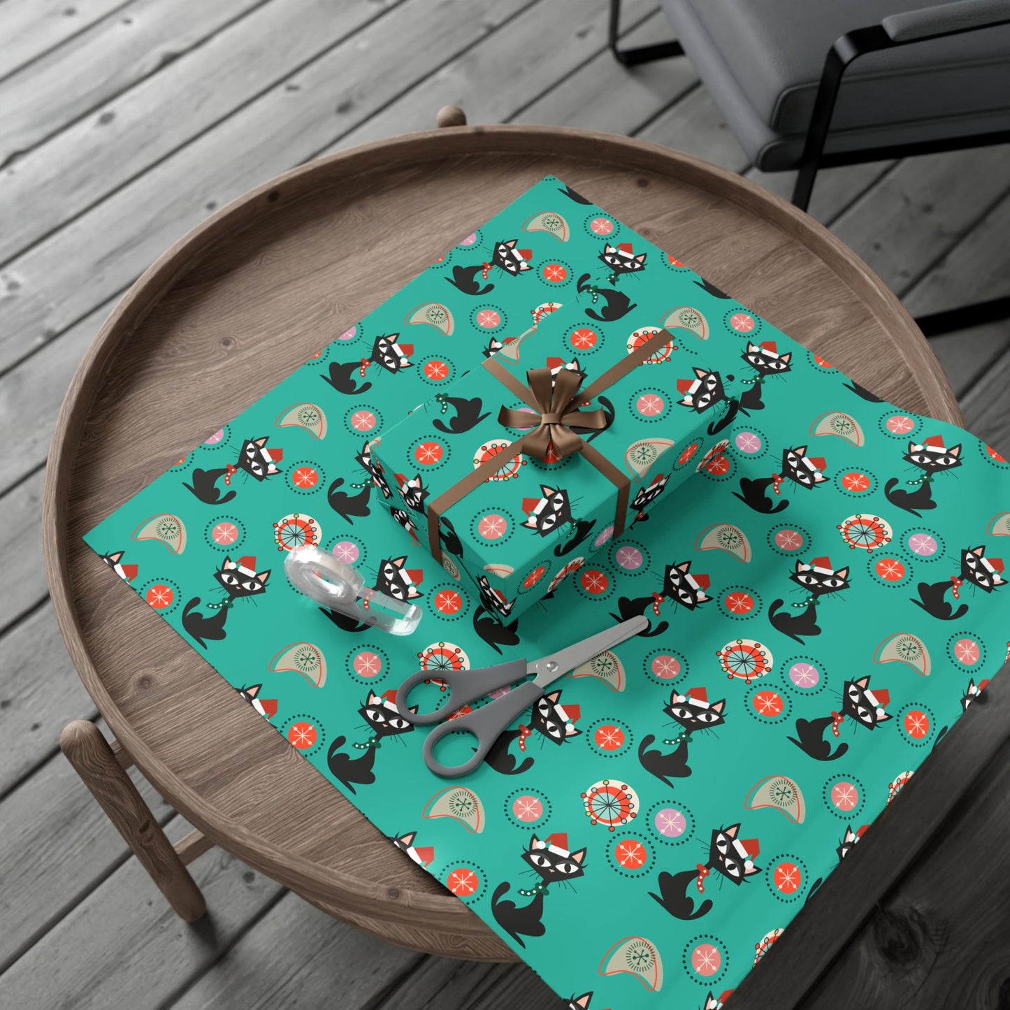 Retro 50's Atomic Cat Christmas Kitschy Mid Century Modern Teal Blue Eco-Friendly Wrapping Paper