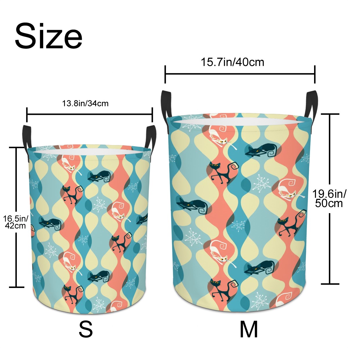 Retro 50s Atomic Cats Kitschy Groovy Multicolor Mid Century Modern Round Laundry Hamper