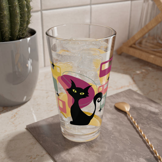 Retro 50s Atomic Black Cat Mid Century Modern Pink, Green & Yellow Pint Glass