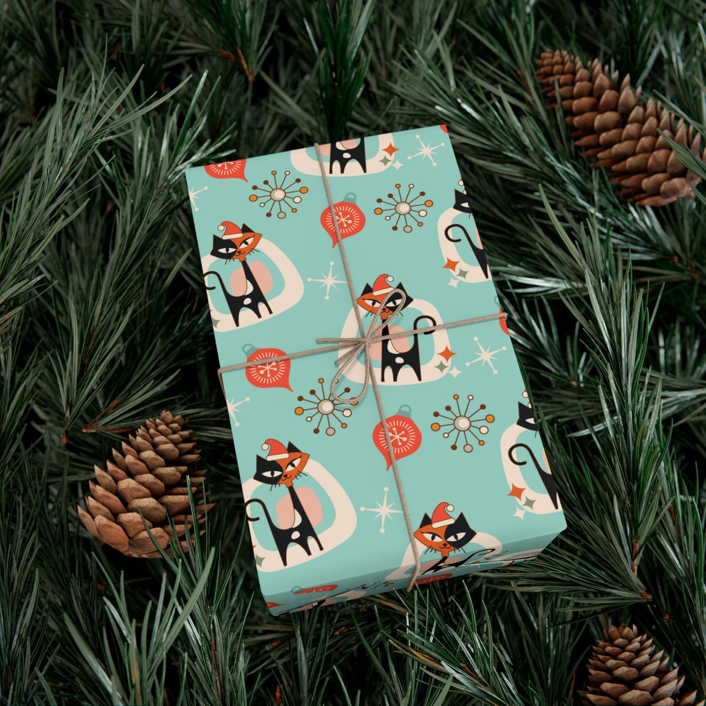 Retro 50's Atomic Cat & Starbursts Kitschy Christmas Mid Century Modern Blue Eco-Friendly Wrapping Paper