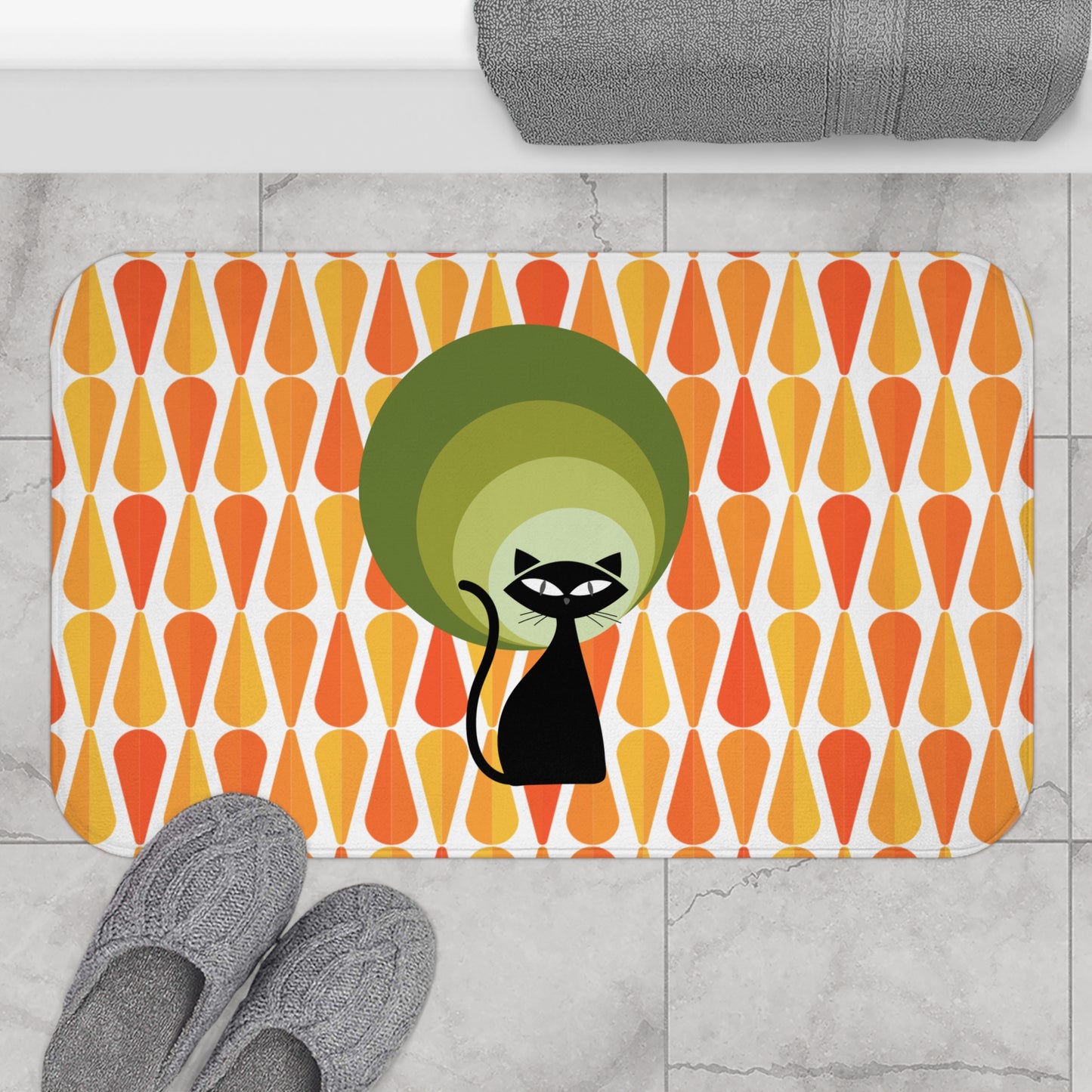 Retro Atomic Cat 60s 70s Mid Century Modern Geometric Orange, Yellow & Green Bath Mat