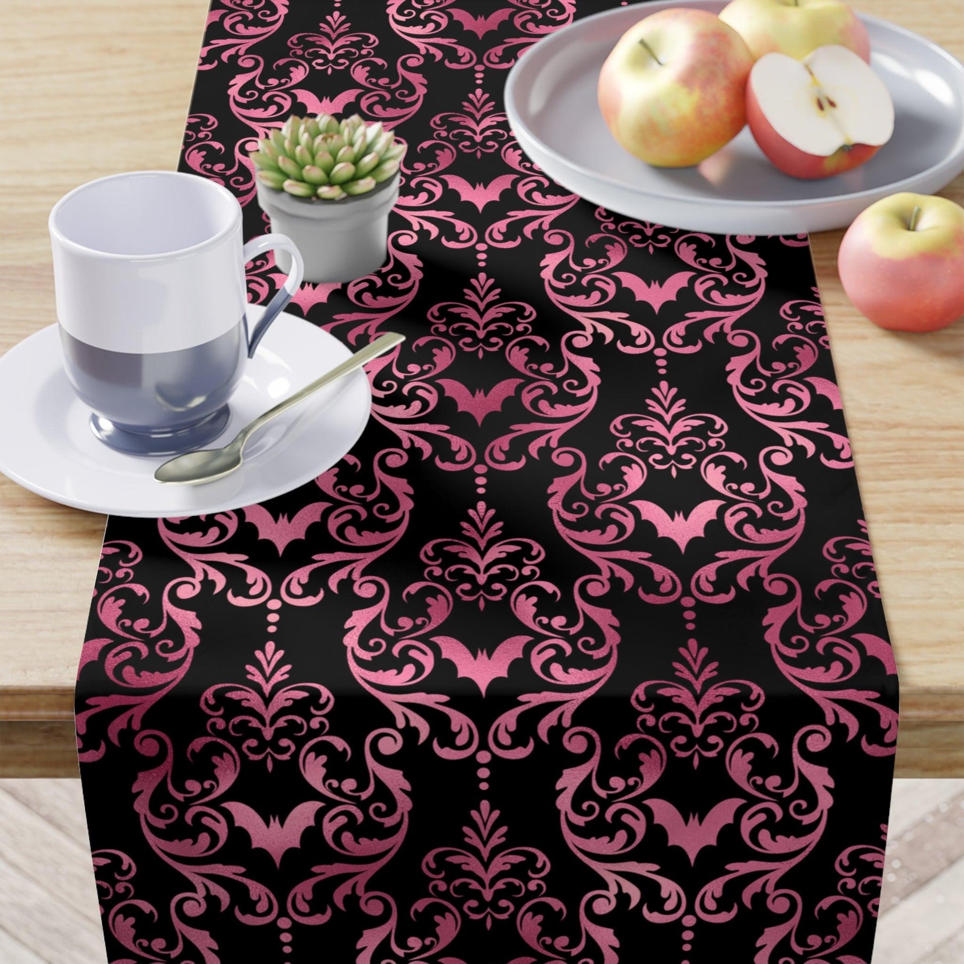 Goth Pink Bats Damask Halloween Glam Goth Black Table Runner | lovevisionkarma.com