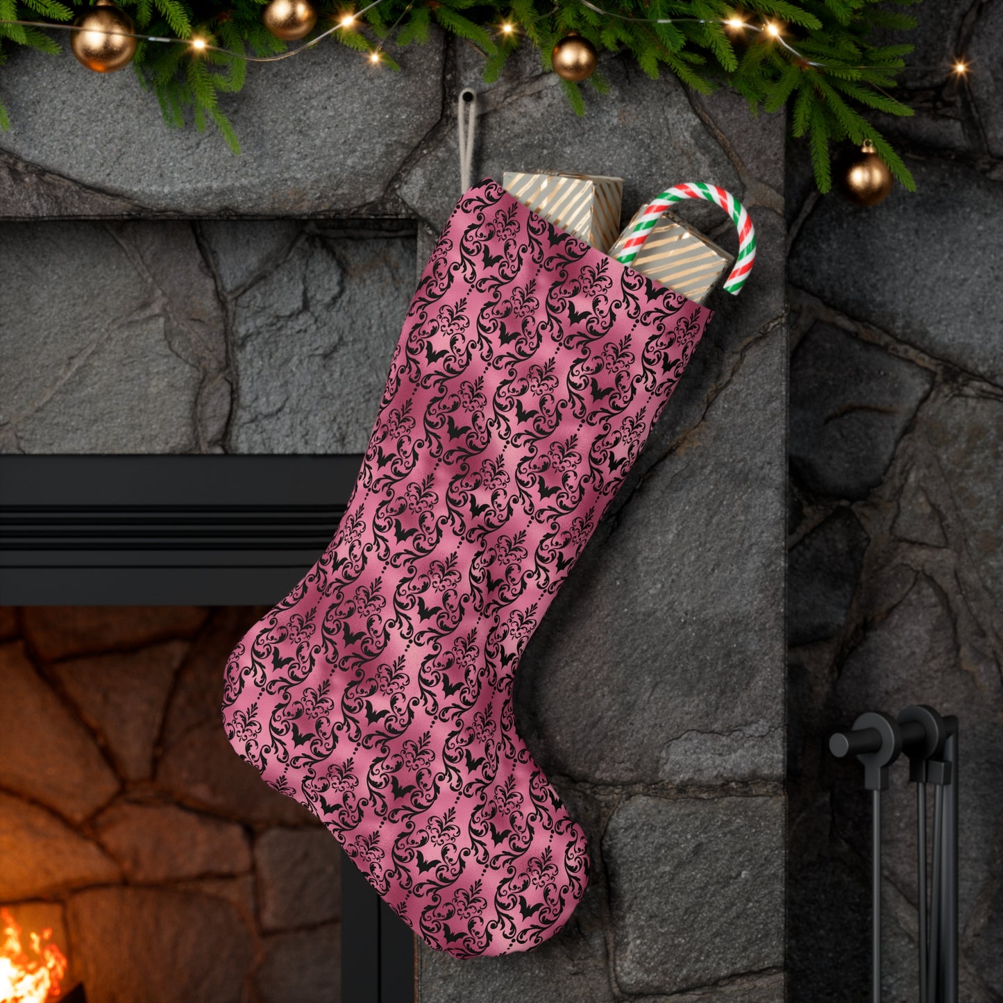 Goth Christmas Black Bats Victorian Damask Glam Pink Holiday Creepmas Stocking