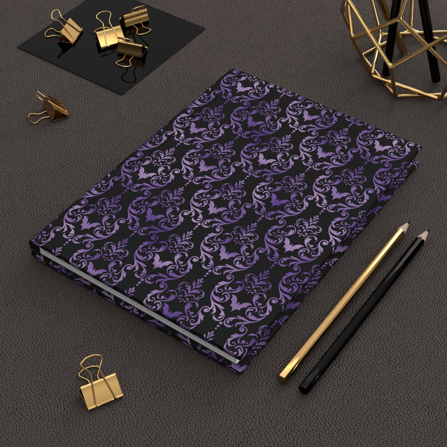 Dark Academia Damask Bat, Victorian Goth Inspired Purple & Black Glam Goth Matte Hardcover Journal