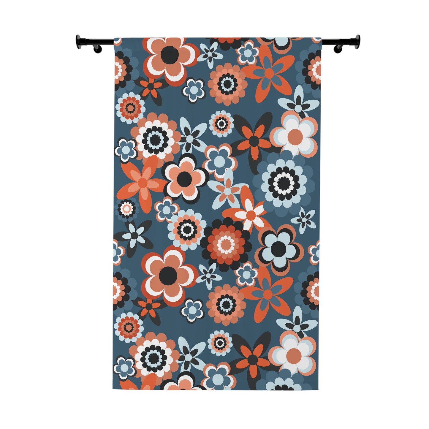 Retro 60s 70s Groovy Flowers Boho Mid Century Mod Coral & Blue Blackout Window Curtain