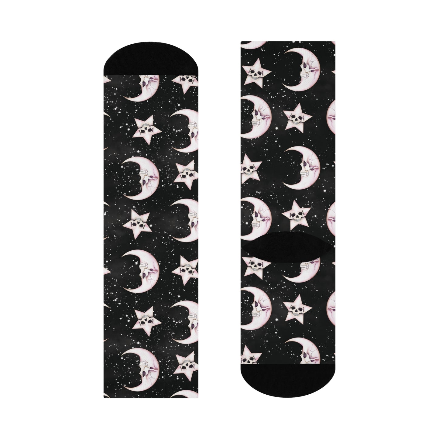 Goth Christmas Celestial Moon & Stars, Whimsical Kawaii Creepmas Black Cushioned Crew Socks