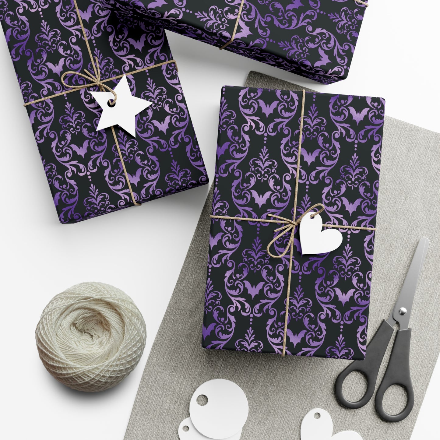 Purple Damask Bats, Victorian Goth Inspired, Dark Academia Goth Christmas & Creepmas Glam Goth Black Gift Wrap Paper