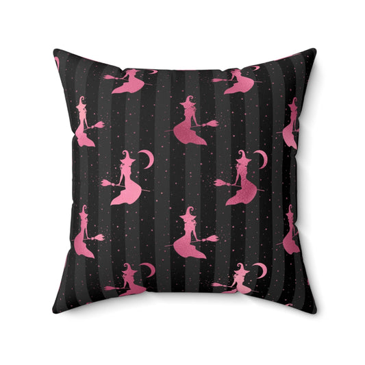 Flying Witch Glam Goth Halloween Pink & Black Throw Pillow | lovevisionkarma.com