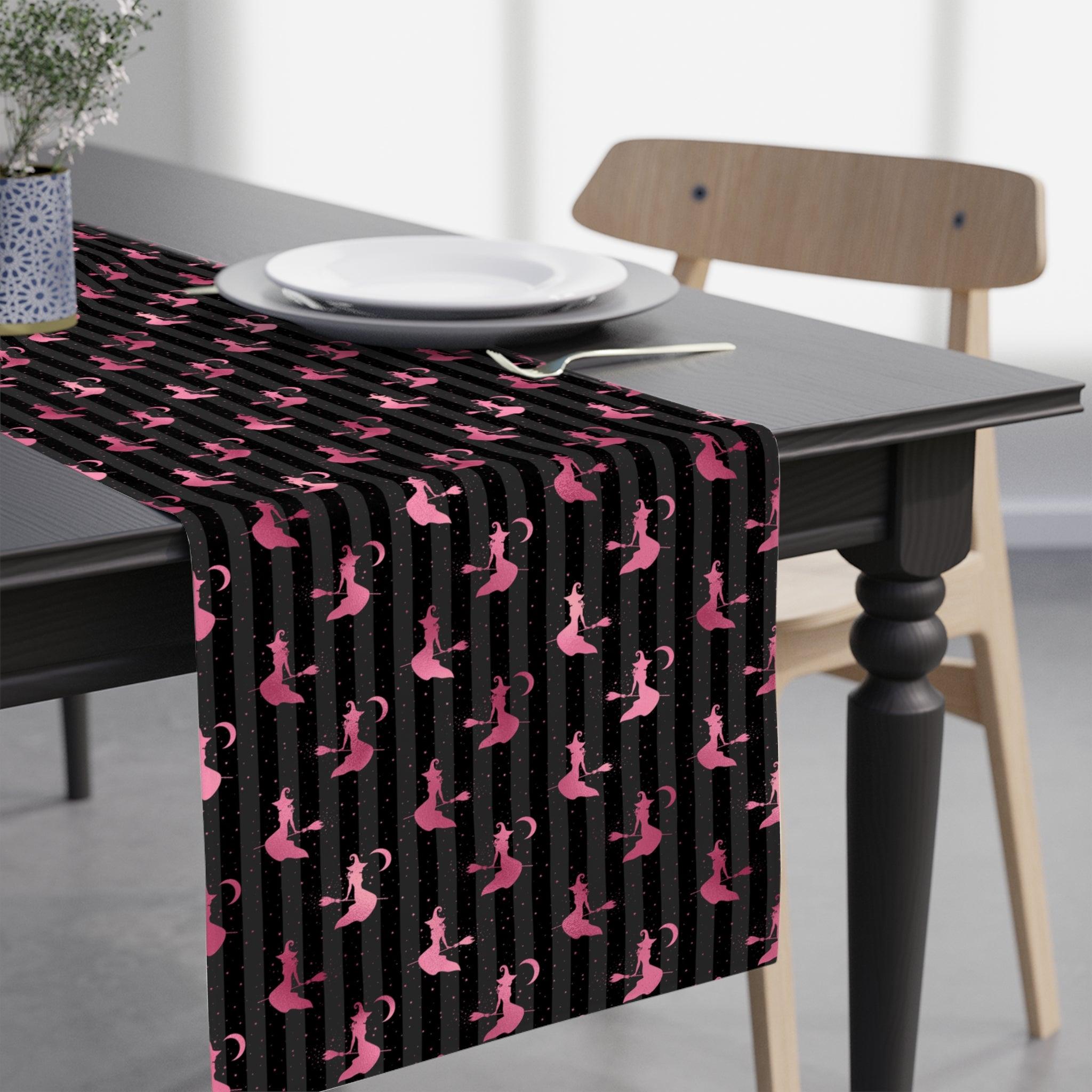 Flying Witch Glam Goth Pink and Black Halloween Table Runner