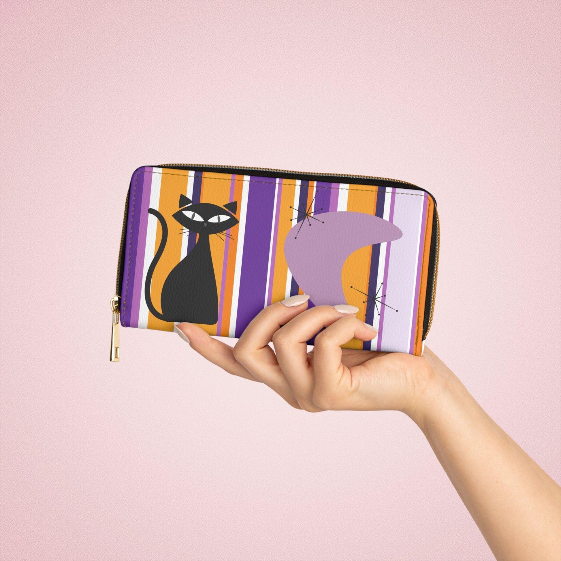 Retro 50s Atomic Cat, Boomerang & Starbursts MCM Purple, Orange, Black Zipper Wallet | lovevisionkarma.com