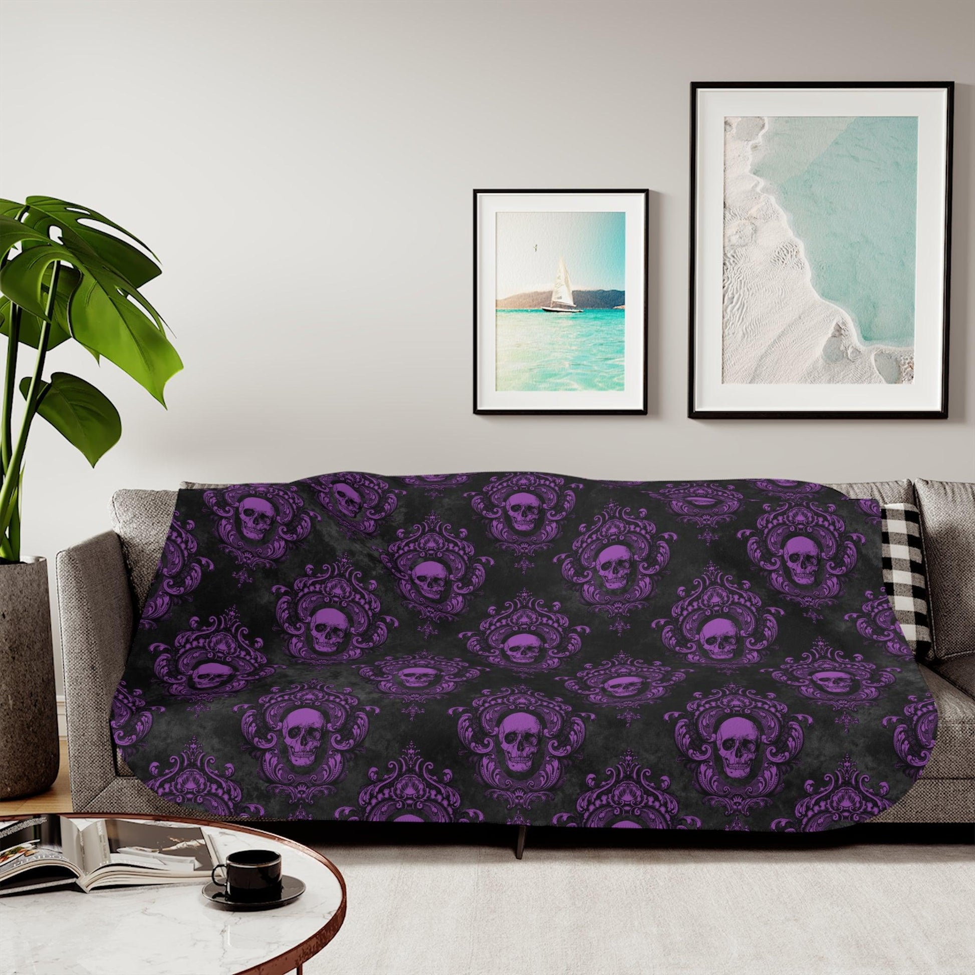 Gothic Purple Skull with Ornate Frame, Purple and Black Glam Goth Sherpa Blanket | lovevisionkarma.com