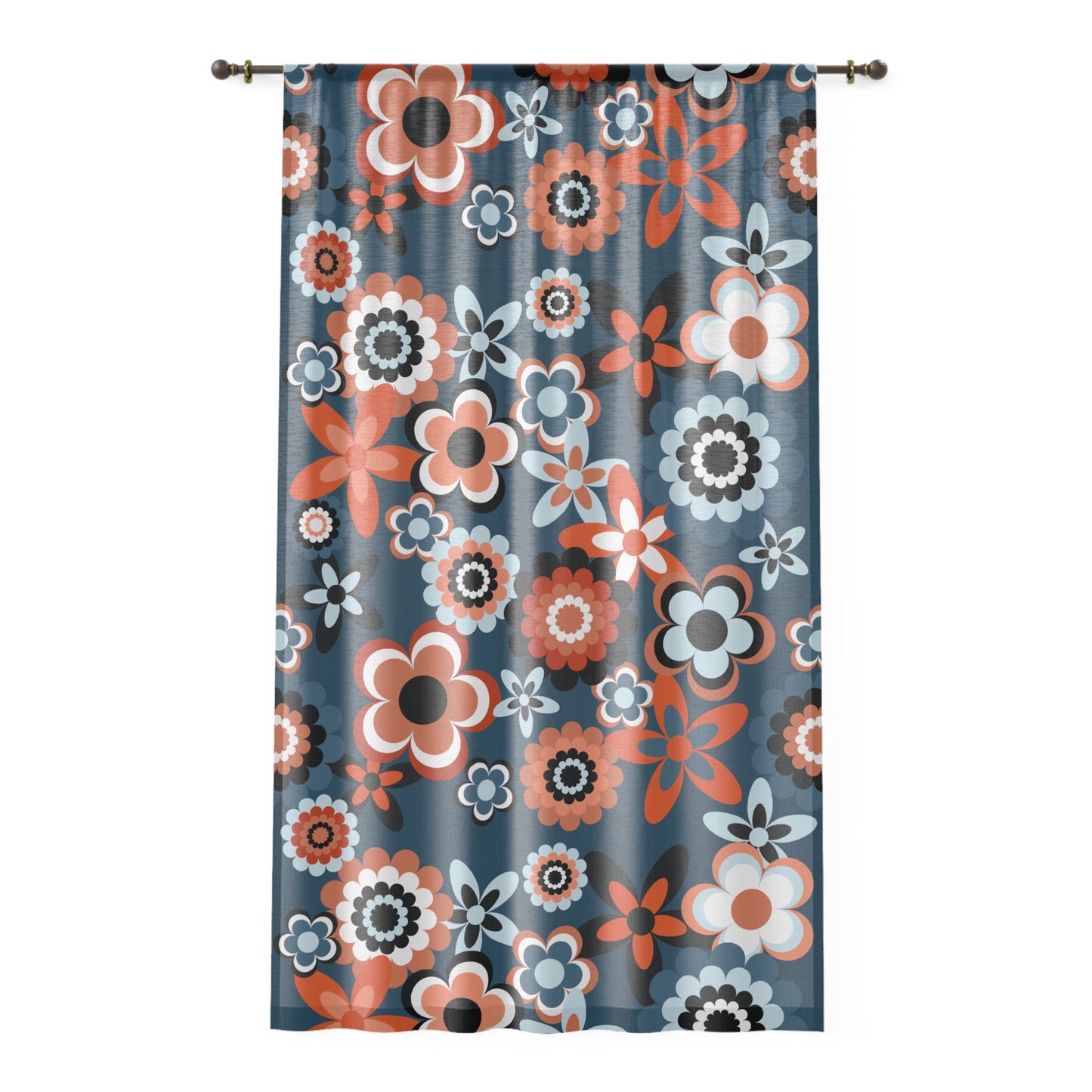 Retro 60s 70s Groovy Flowers Boho Mid Century Mod Coral & Blue Sheer Window Curtain