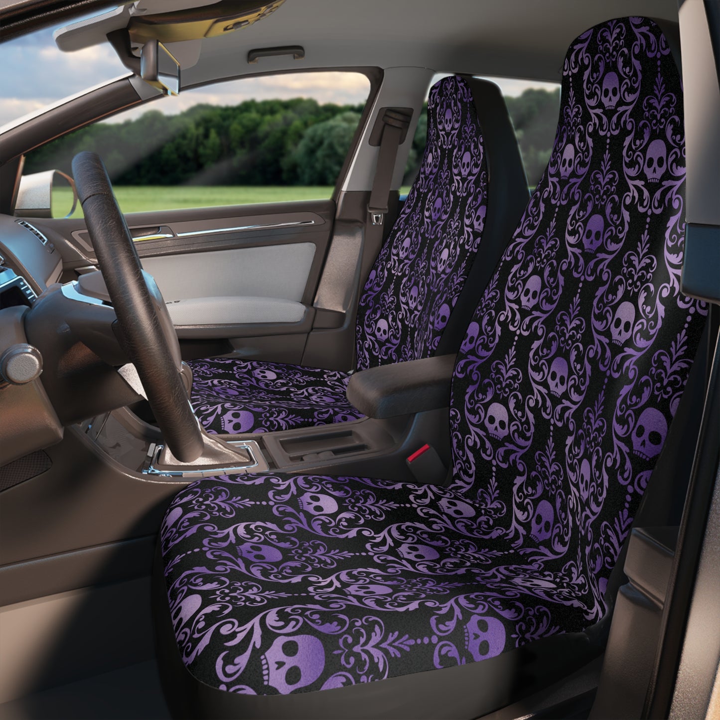 Dark Academia Damask Skull, Victorian Goth Inspired Purple & Black Glam Goth Car Seat Covers