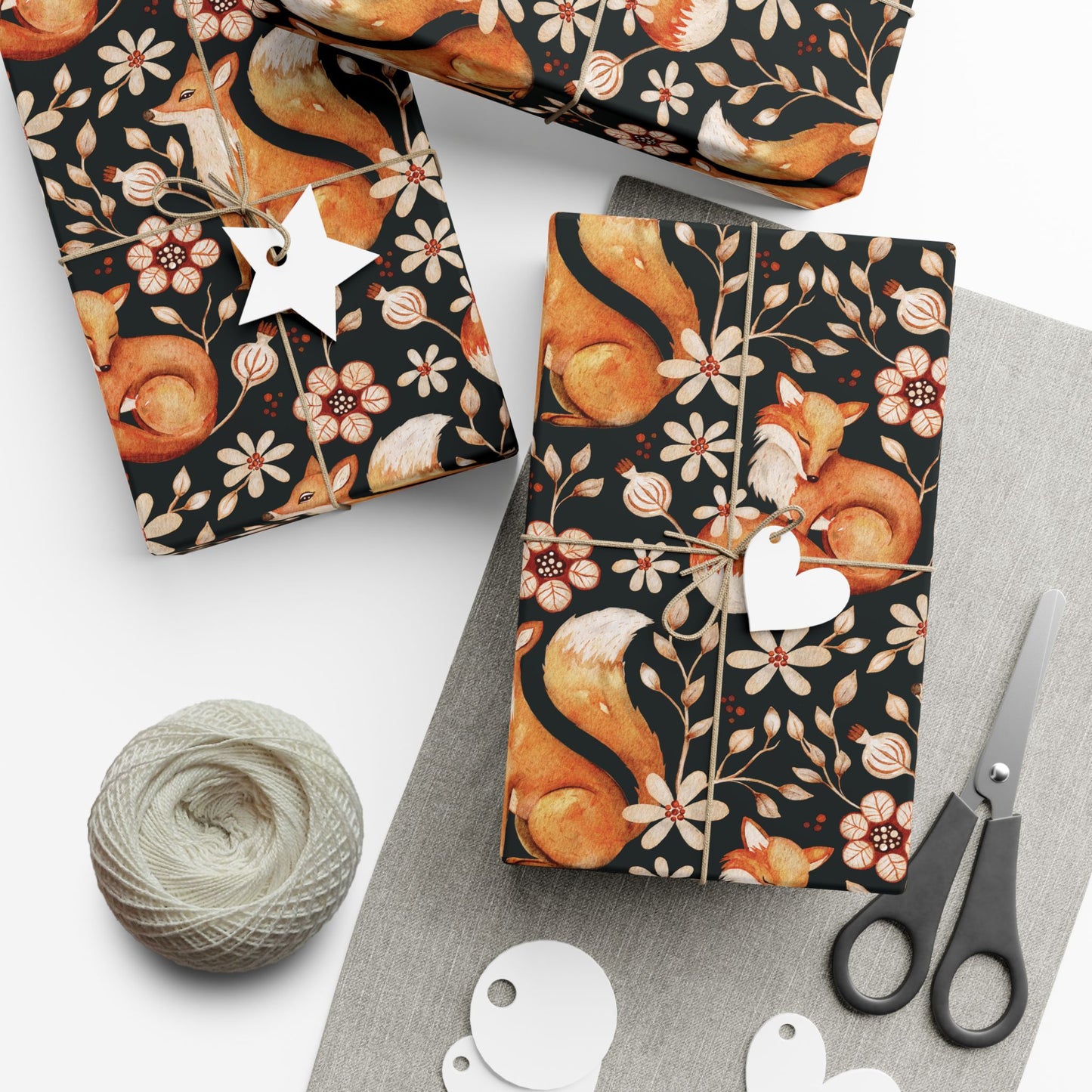 Enchanted Woodland Fox, Floral Dark Cottagecore Watercolor Style, Black Eco-Friendly Gift Wrap