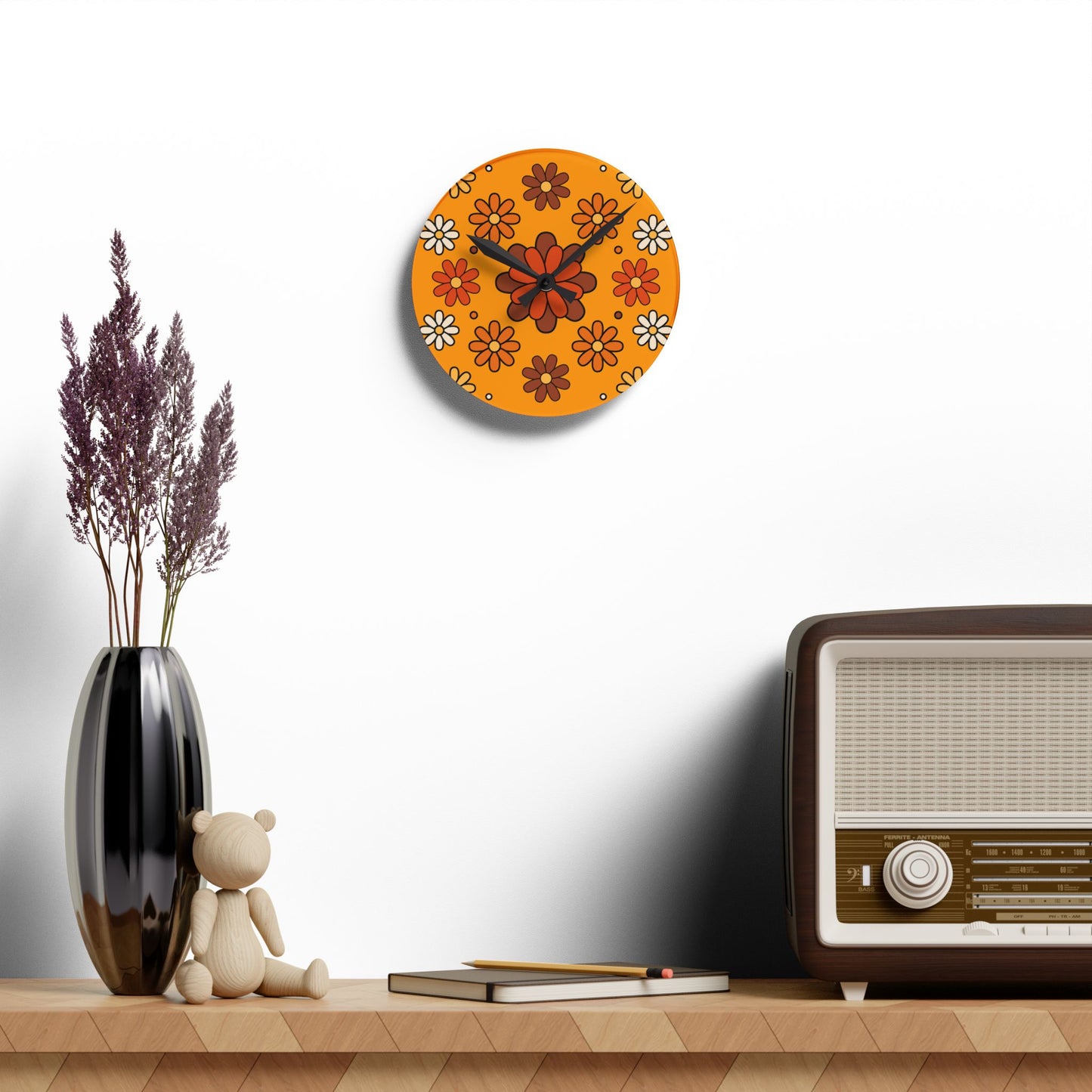 Retro 60s 70s Groovy Mod Daisy Floral Mid Century Orange & Brown Acrylic Wall Clock