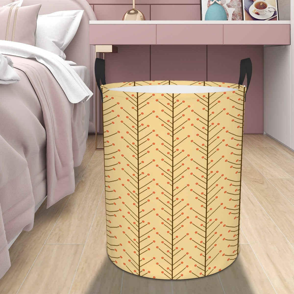 Retro 50s Mid Century Mod, Minimalist Scandi Trees, Vines Yellow Beige Round Laundry Hamper