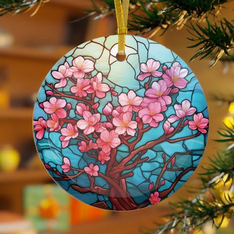 Japanese Sakura Blooming Cherry Blossom Tree, Stained Glass Inspired Colorful Glass Ornament