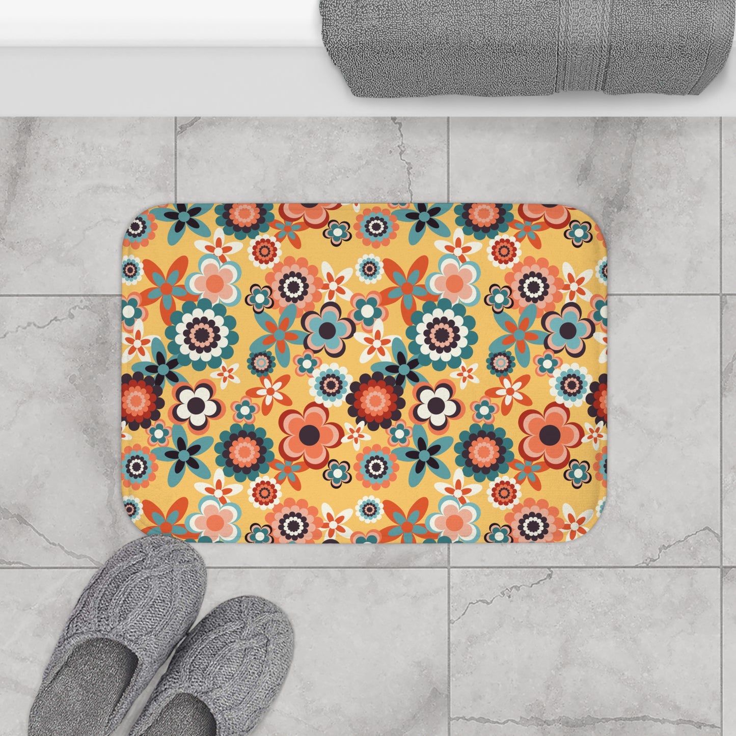 Retro 60s 70s Groovy Flowers Boho Mid Century Mod Yellow, Coral & Blue Bath Mat