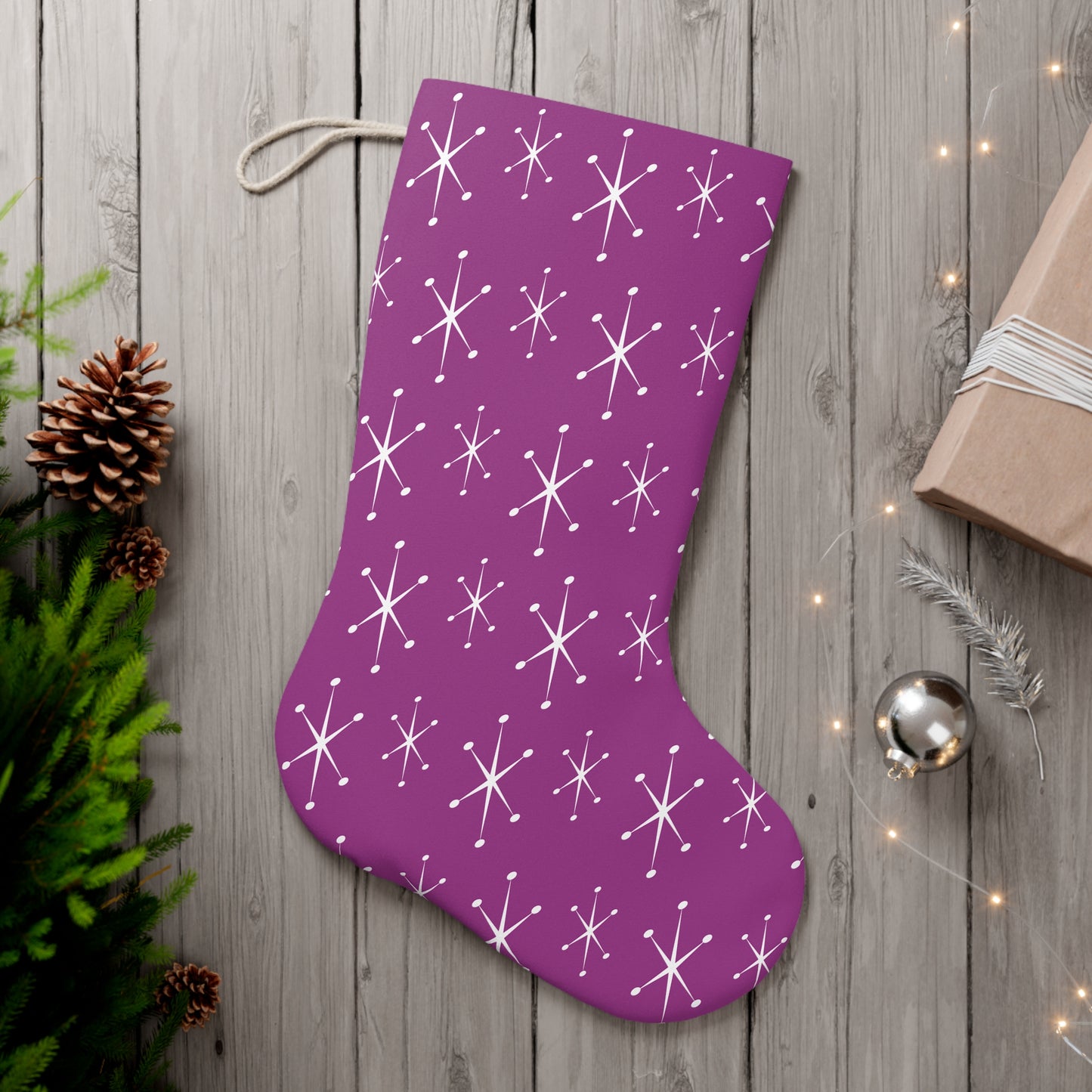 Retro 50s 60s Atomic Starburst Mid Century Mod Purple Christmas Stocking