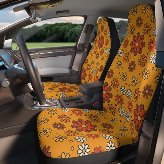 Retro 60s 70s Groovy Mod Daisy Floral Mid Century Orange & Brown Car Seat Covers