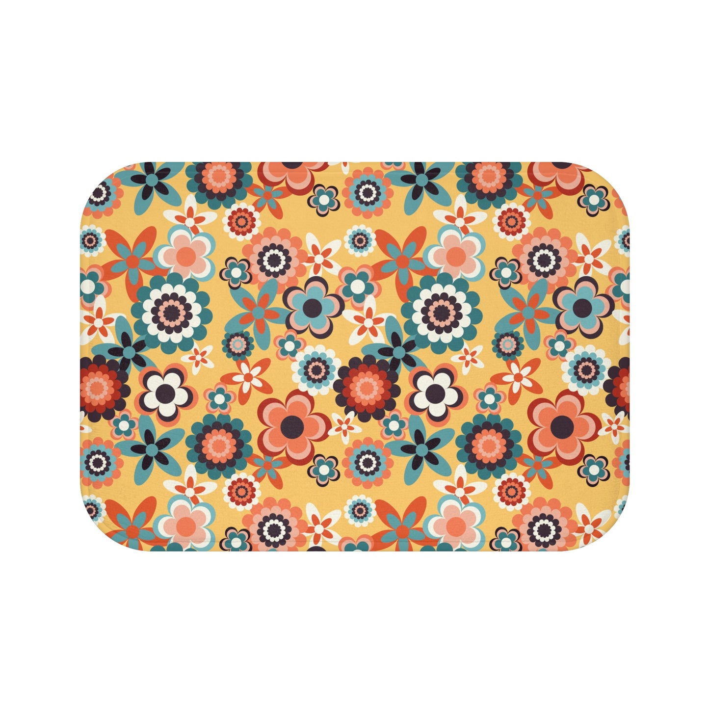 Retro 60s 70s Groovy Flowers Boho Mid Century Mod Yellow, Coral & Blue Bath Mat