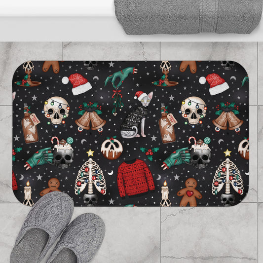 Kitschy Kawaii Goth Christmas, Creepy Cute Whimsigoth Black Creepmas Bath Mat