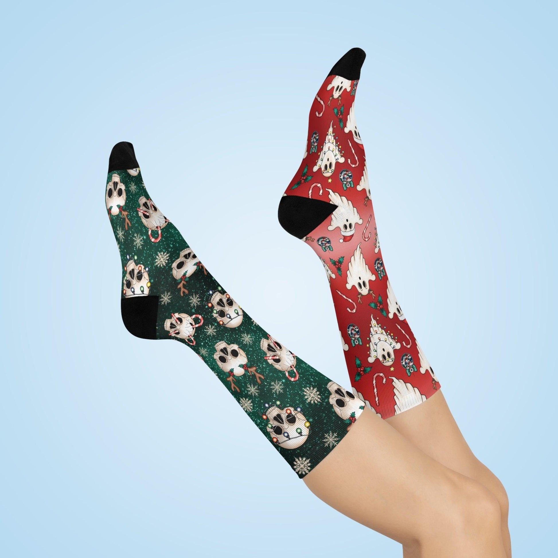 Christmas Ghosts and Skulls Mismatched Gothmas Red and Green Creepmas Cushioned Crew Socks | lovevisionkarma.com