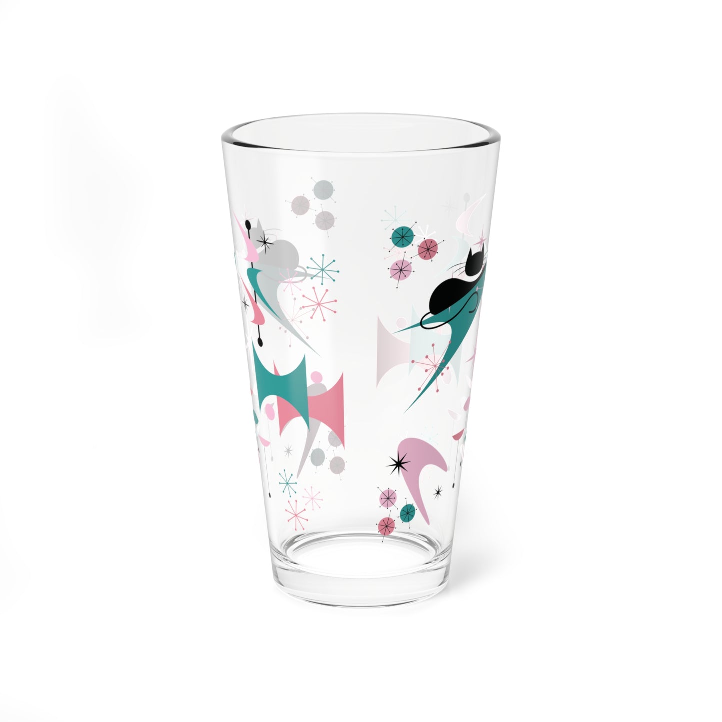 Retro 50s Atomic Black Cat, Boomerang & Starburst MCM Pink & Teal-Green 16 oz Pint Glass