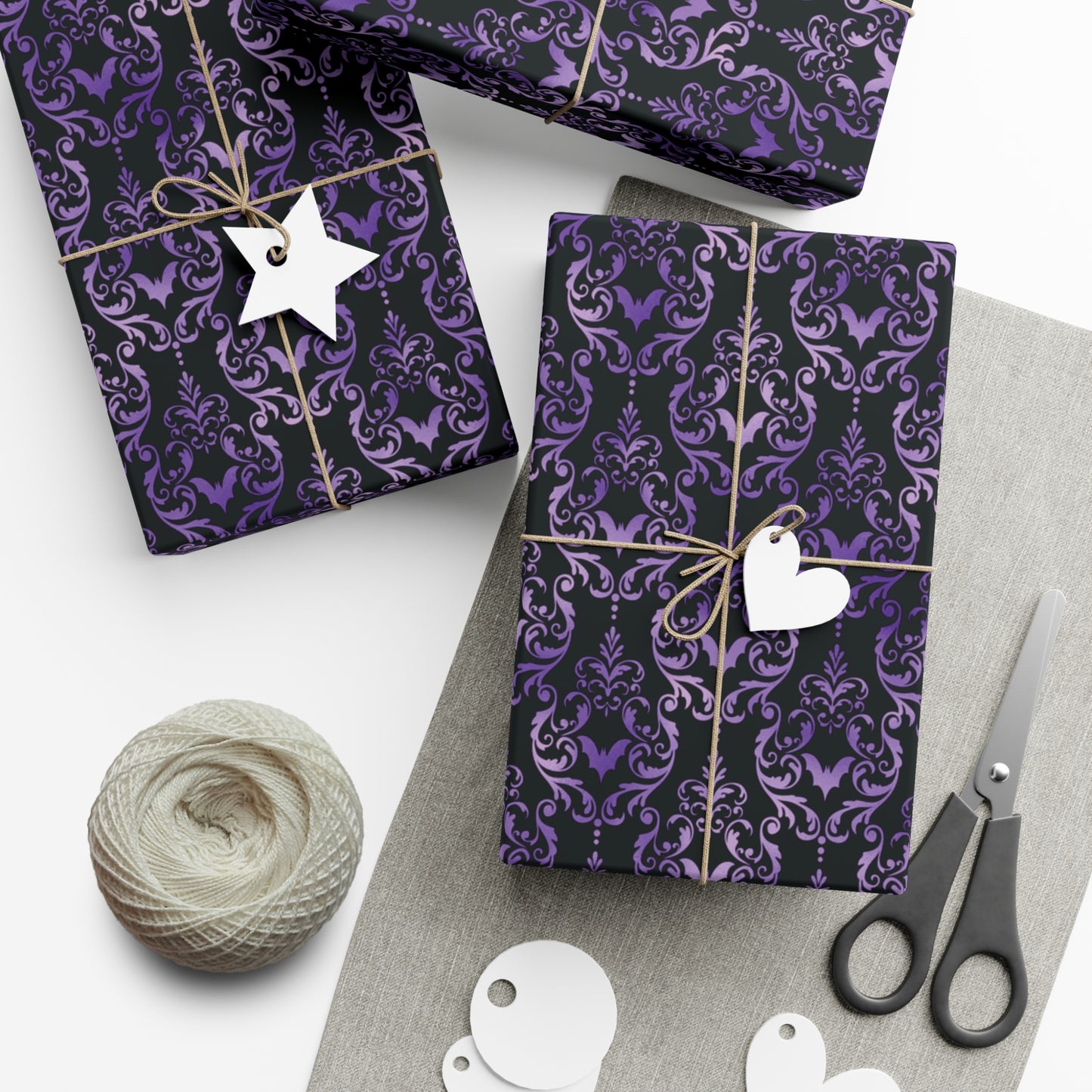 Purple Damask Bats, Victorian Goth Inspired, Dark Academia Goth Christmas & Creepmas Glam Goth Black Gift Wrap Paper