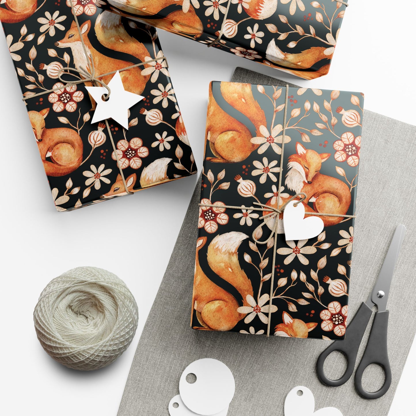 Enchanted Woodland Fox, Floral Dark Cottagecore Watercolor Style, Black Eco-Friendly Gift Wrap