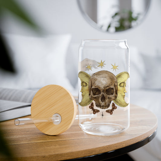 Dark Cottagecore Skull, Moon & Moth Witchy Goth Glass Can Sipper