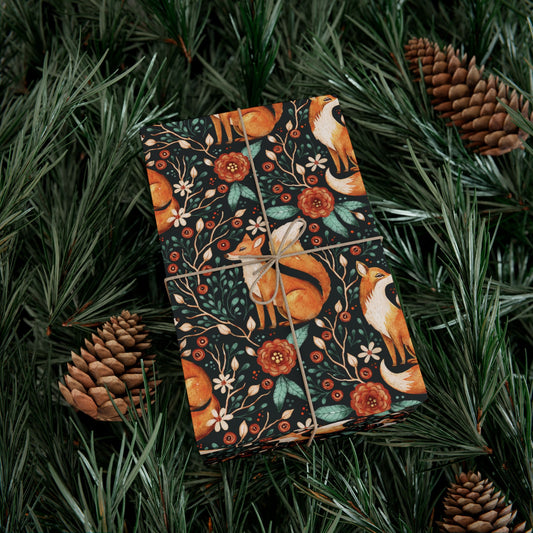 Enchanted Woodland Fox, Dark Cottagecore Watercolor Style Black Eco-Friendly Gift Wrap