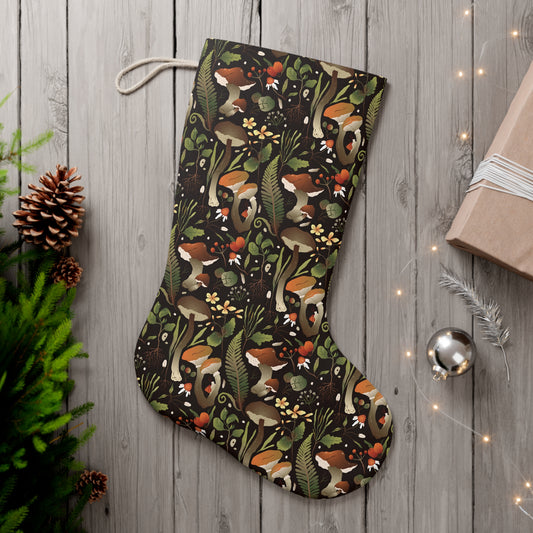 Mushroom Enchanted Forest Christmas, Witchy Cottagecore Black Stocking