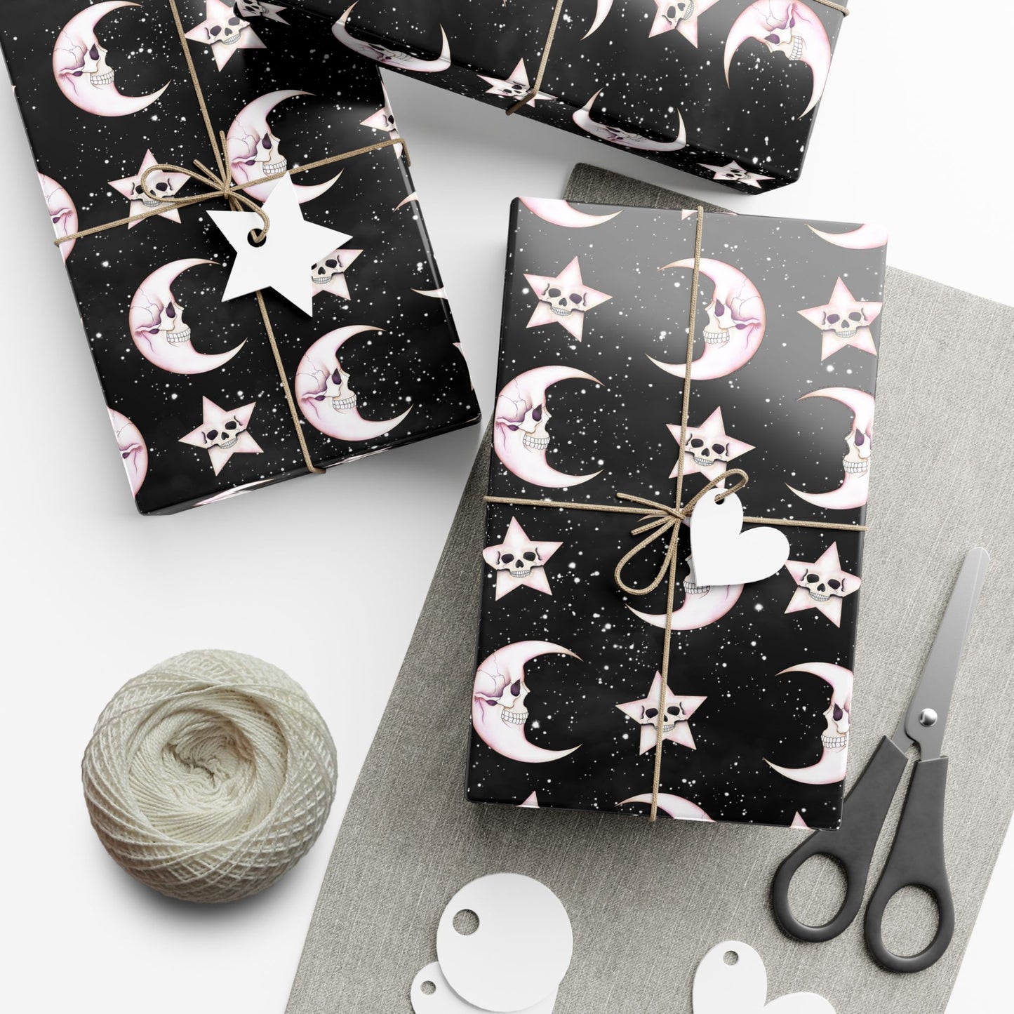 Goth Christmas Celestial Moon & Stars, Whimsical Kawaii Creepmas Black Eco-Friendly Gift Wrap