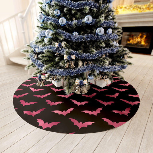 Pink Bats Spooky Halloween Christmas Black Tree Skirt | lovevisionkarma.com