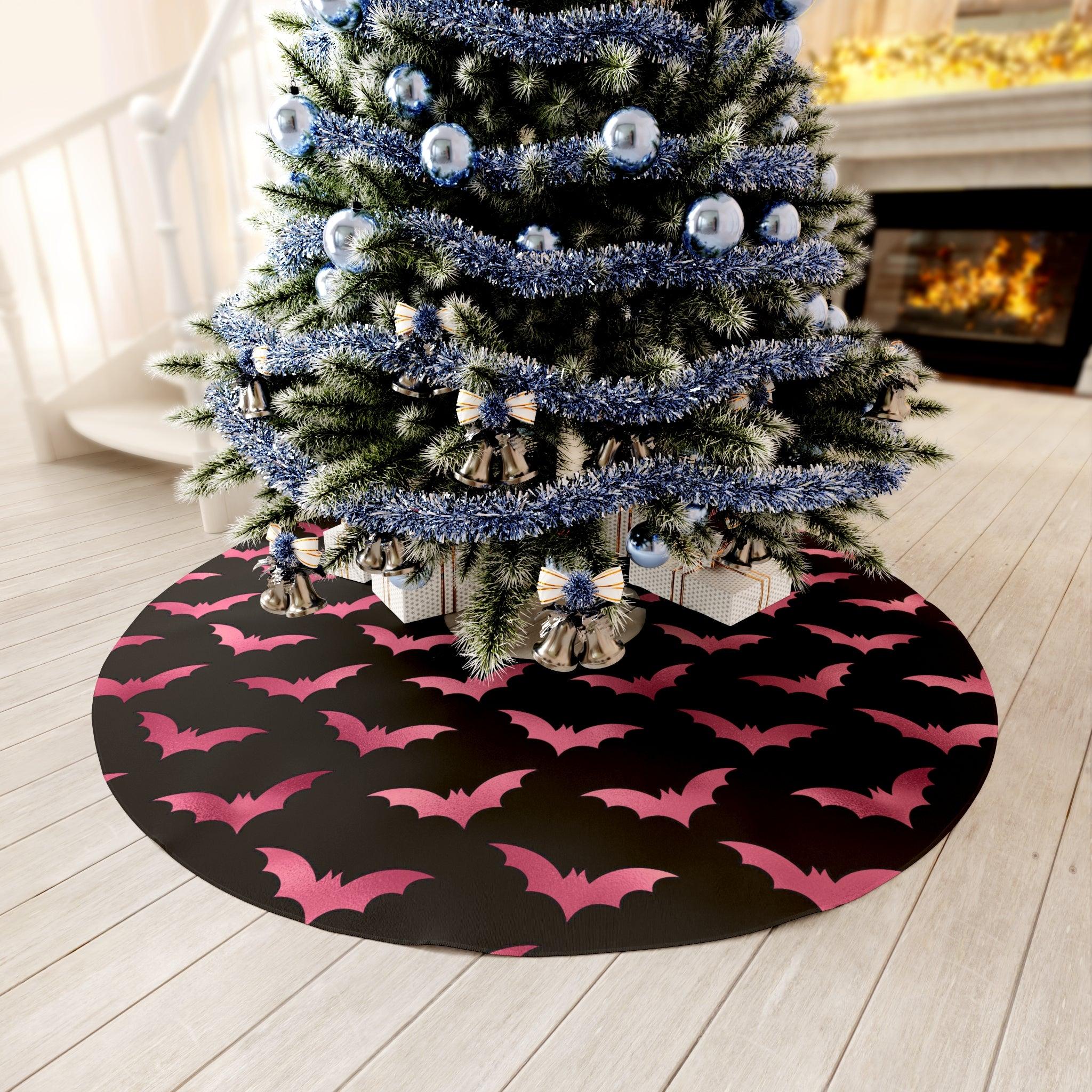 Pink Bats Spooky Halloween Christmas Black Tree Skirt
