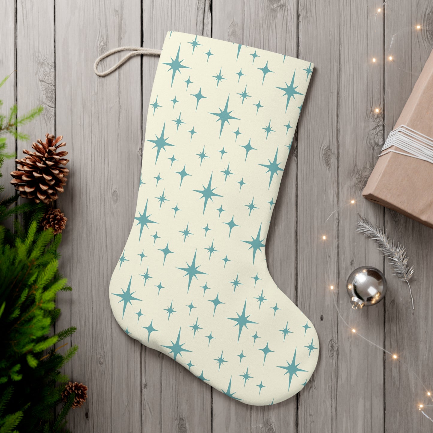 Retro 50s Atomic Starburst Mid Century Mod Cream & Blue Christmas Stocking