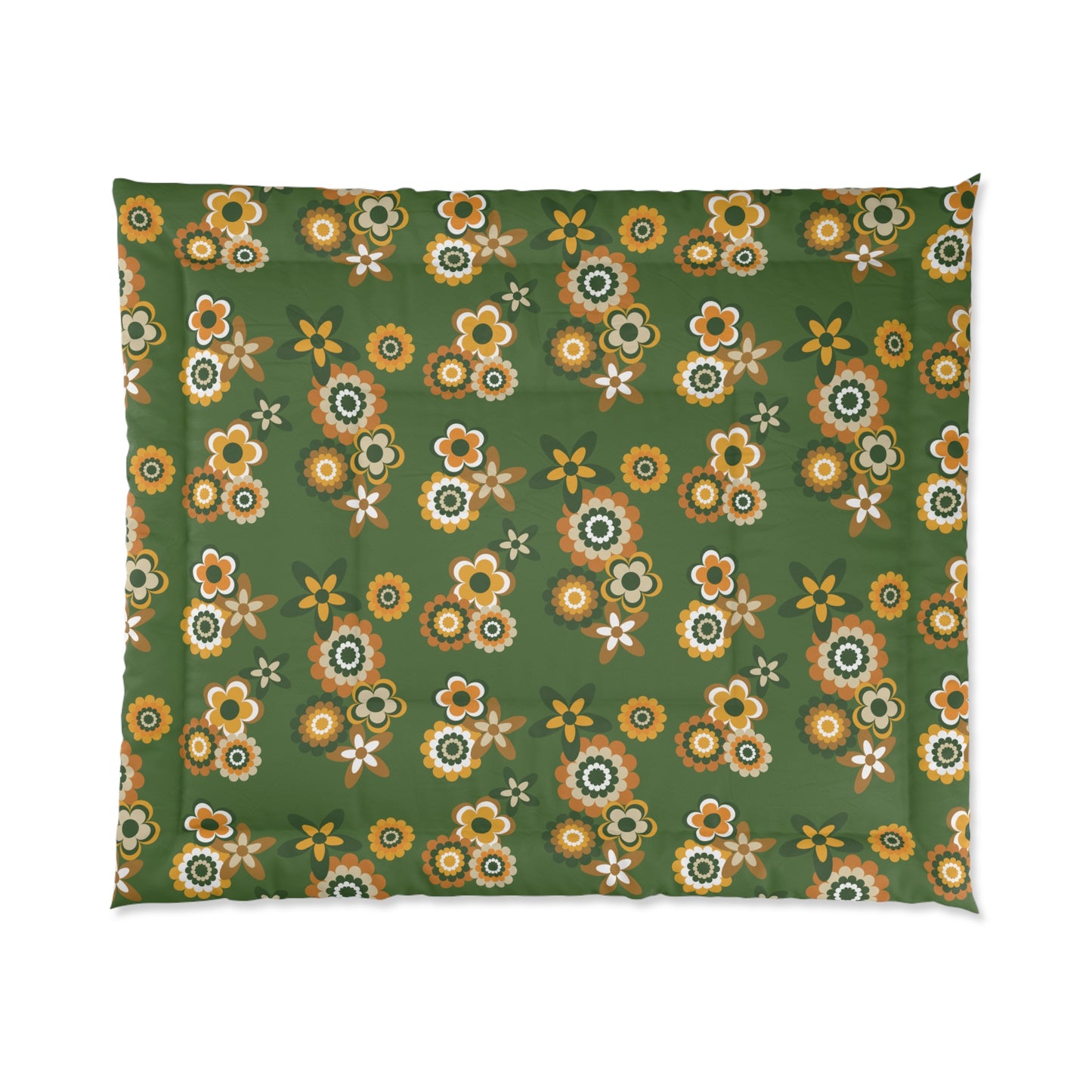 Retro 60s 70s Groovy Flowers Mid Century Mod Mustard & Green Comforter