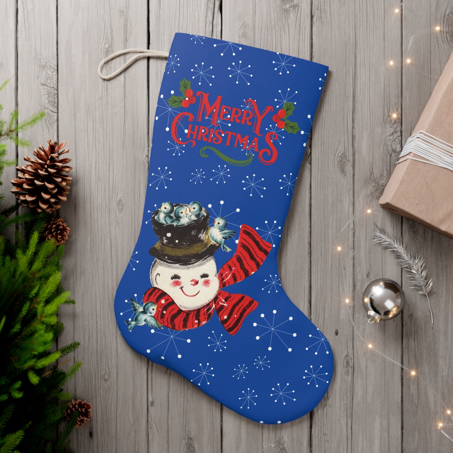 Retro 50s Vintage Snowman with Blue Birds, Atomic Starburst Mid Century Bold Blue Christmas Stocking