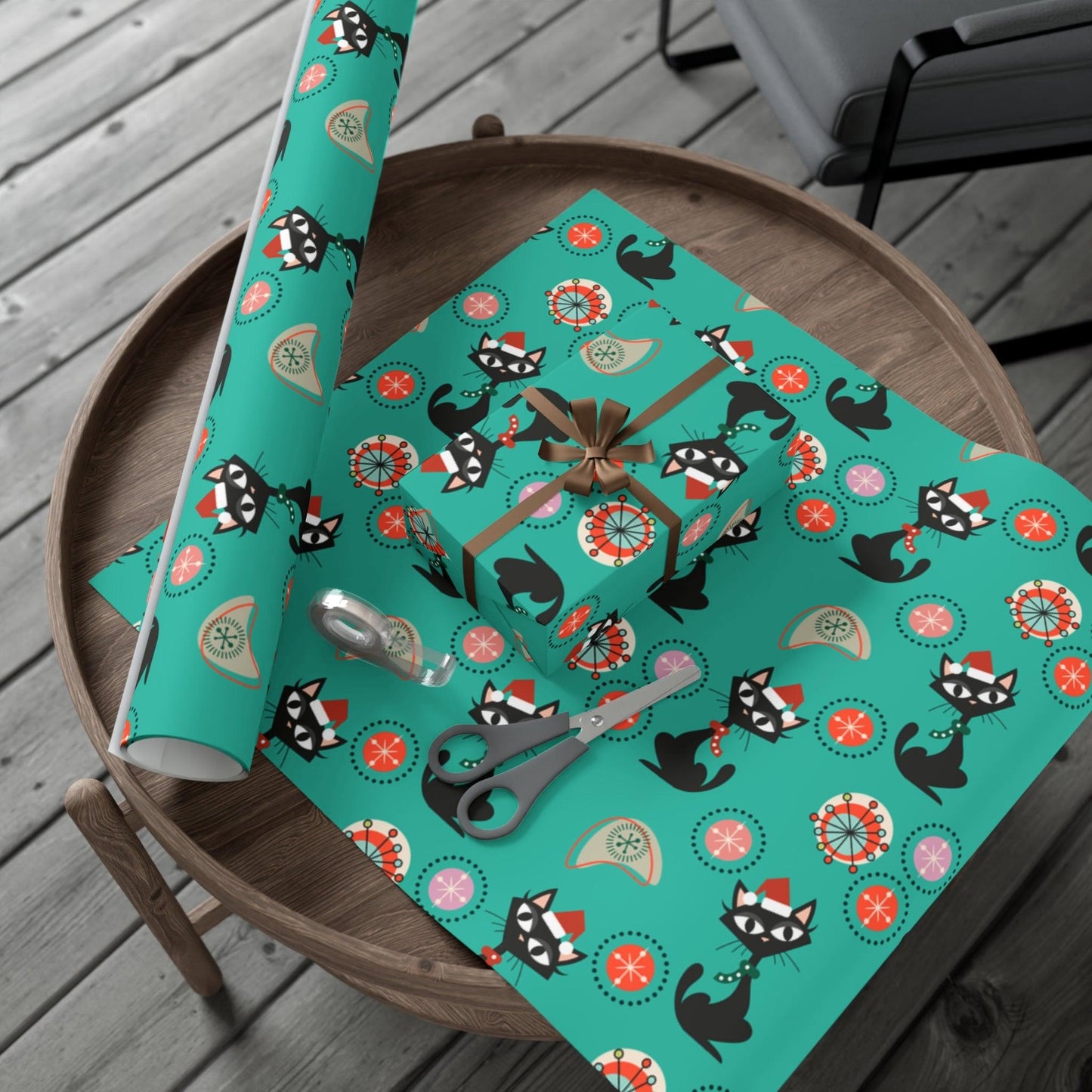 Retro 50's Atomic Cat Christmas Kitschy Mid Century Modern Teal Blue Eco-Friendly Wrapping Paper | lovevisionkarma.com