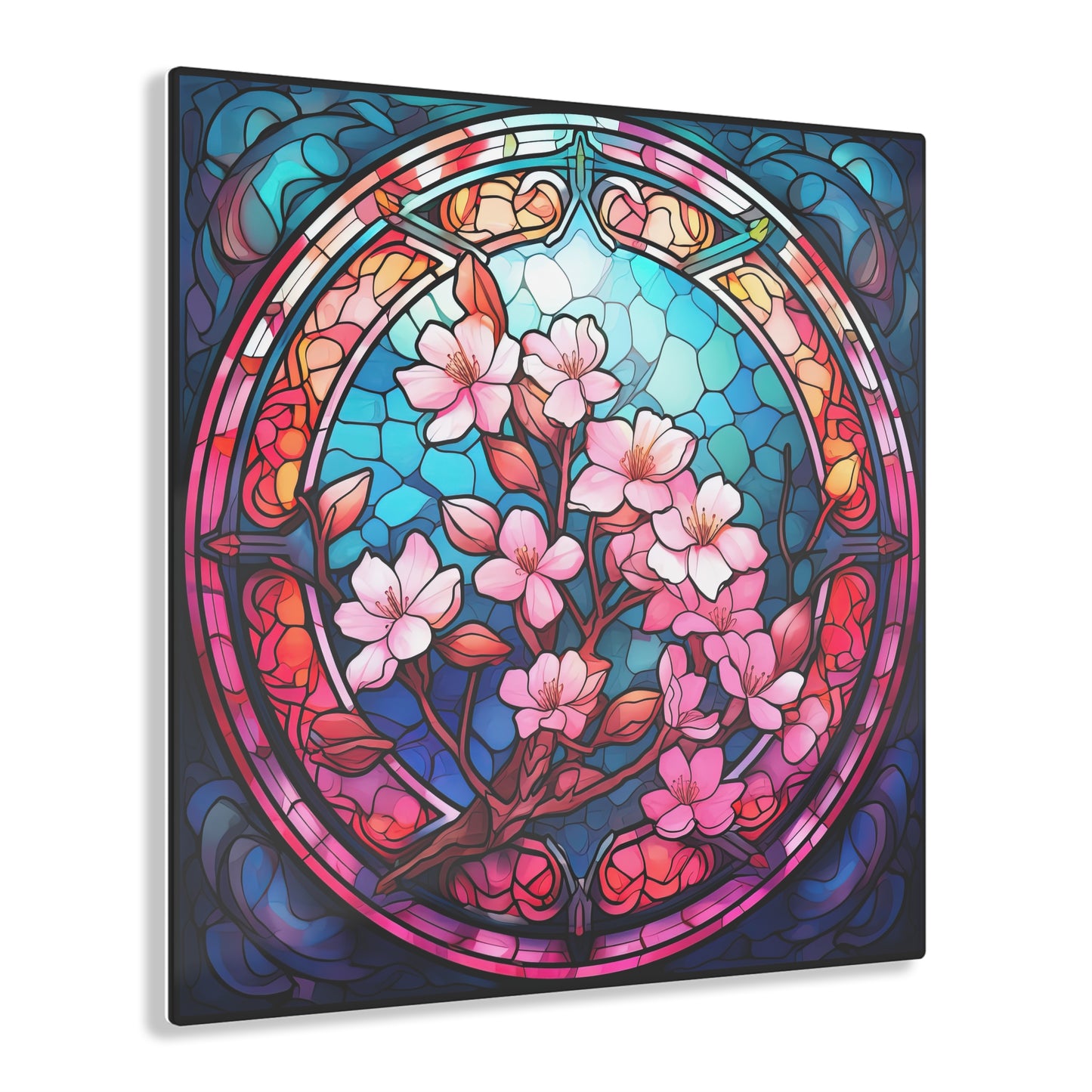 Cherry Blossom Branch, Blooming Sakura Stained Glass Inspired, Colorful Acrylic Print