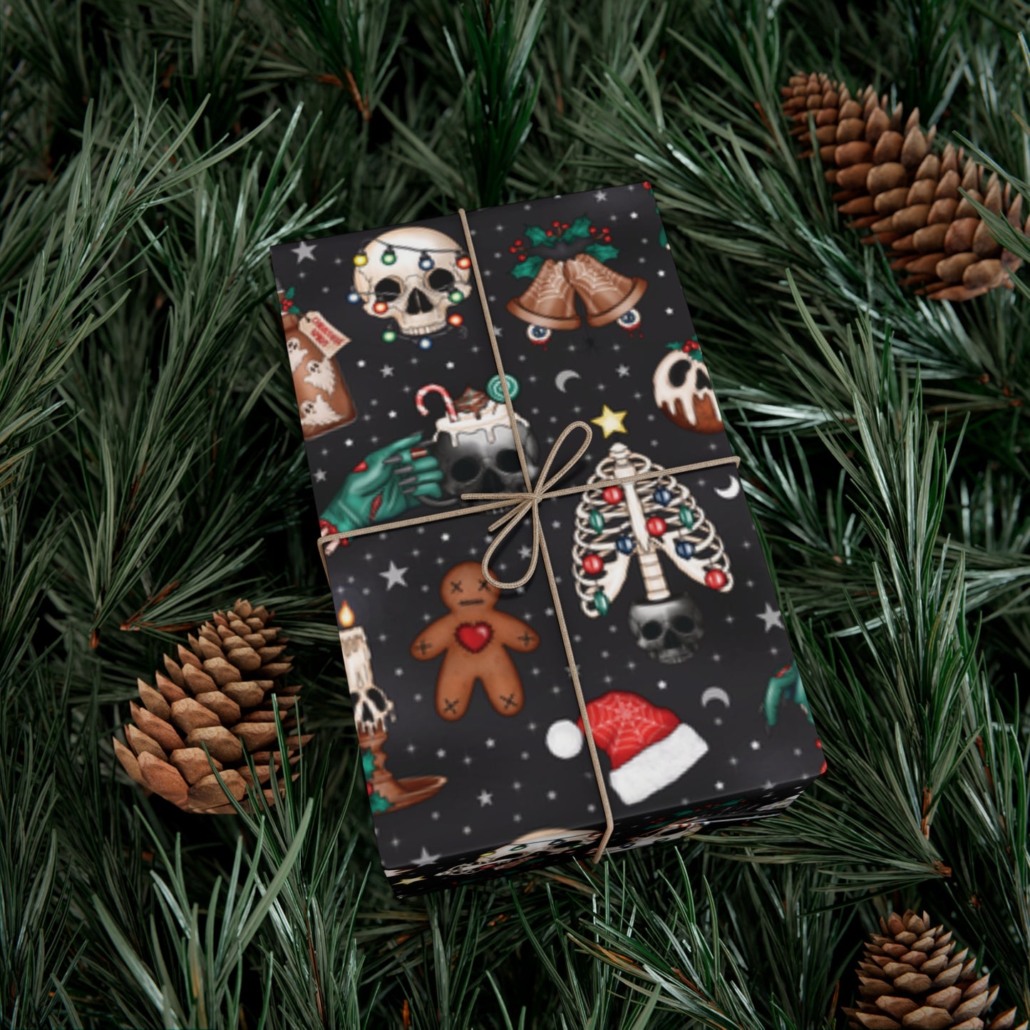Kitschy Kawaii Goth Christmas, Creepy Cute Whimsigoth Creepmas Black Eco-Friendly Gift Wrap Paper