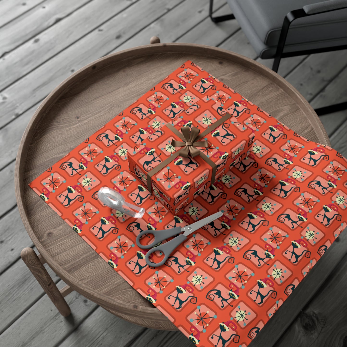 Retro 50's Atomic Cat Christmas Kitschy Mid Century Modern Red Eco-Friendly Wrapping Paper