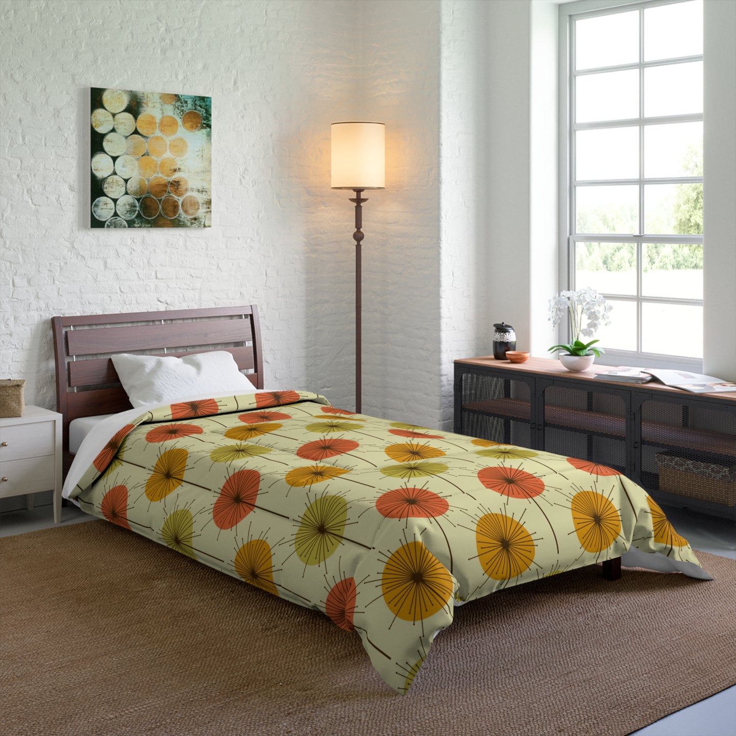 Retro 60s 70s Mid Century Mod Dandelion Yellow, Orange & Green Comforter