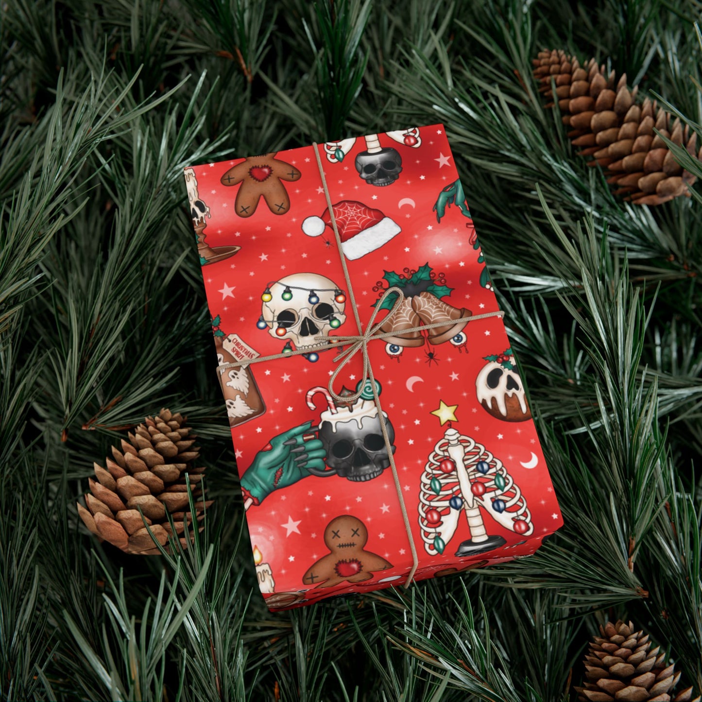 Goth Christmas Kitsch Skulls, Cats & Zombie Hands Red Eco-Friendly Gift Wrap Paper