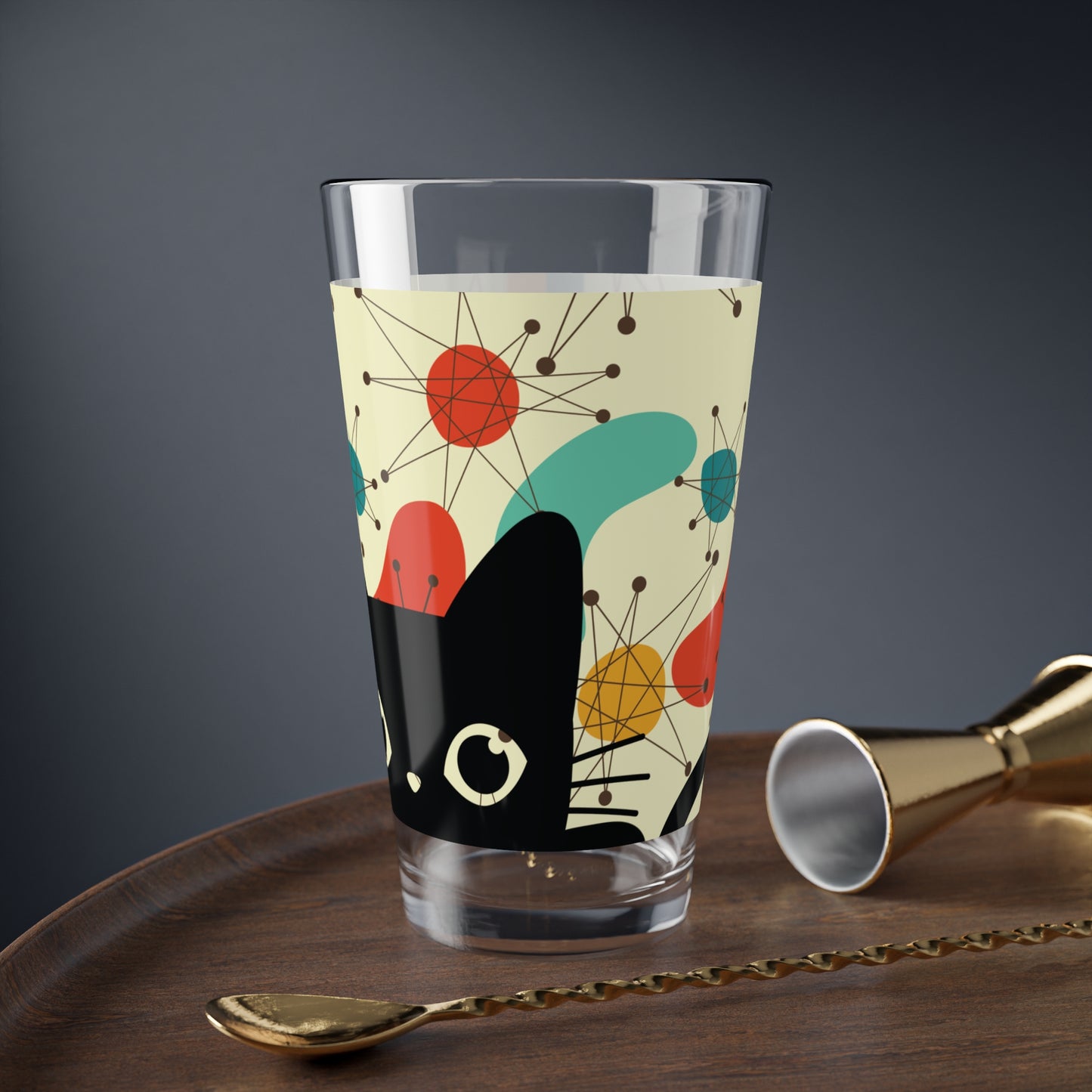 Retro 50s Atomic Black Cat and Boomerangs Mid Century Mod Multicolor Pint Glass