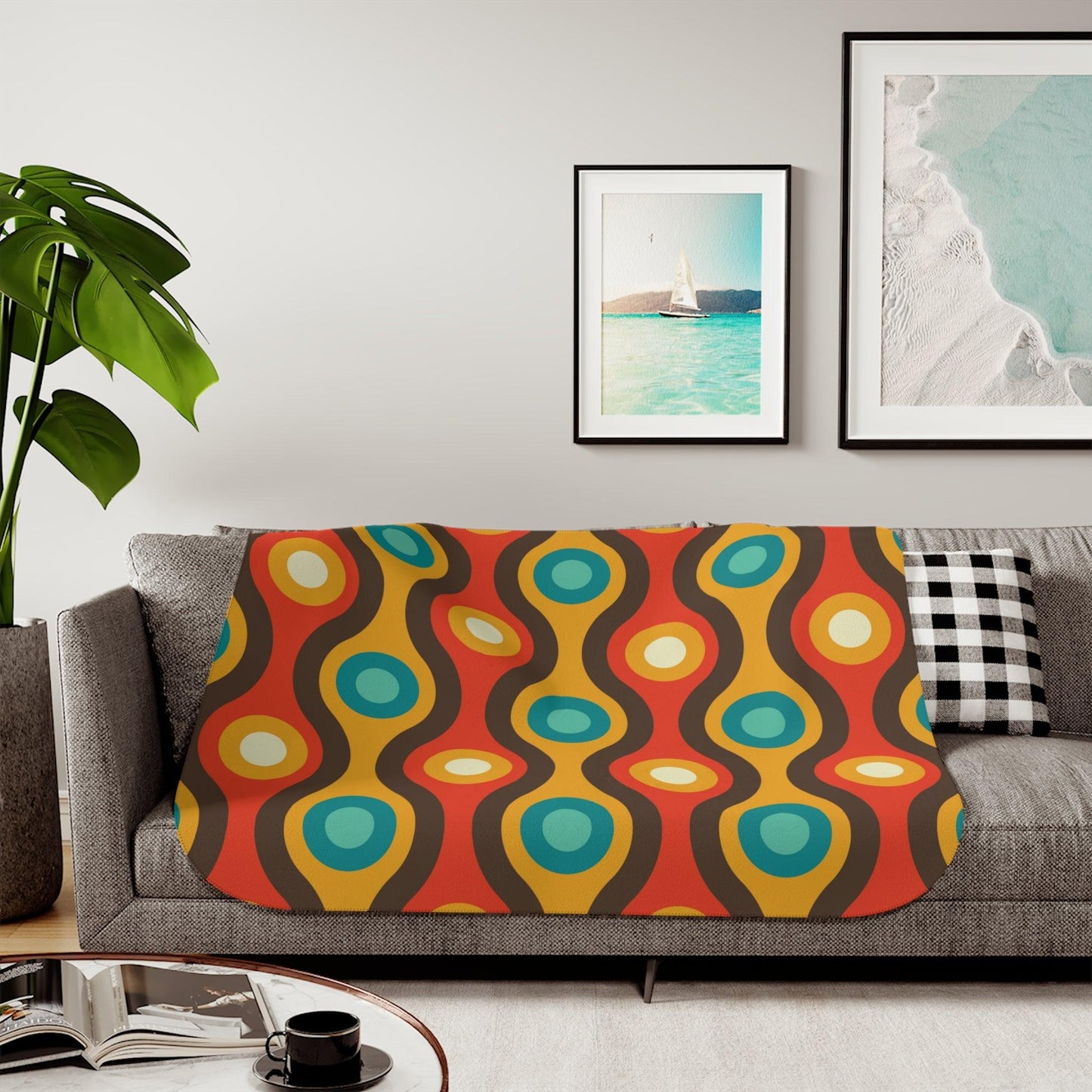 Retro 60s 70s Mid Century Mod Waves & Circles, Orange & Brown Sherpa Blanket | lovevisionkarma.com