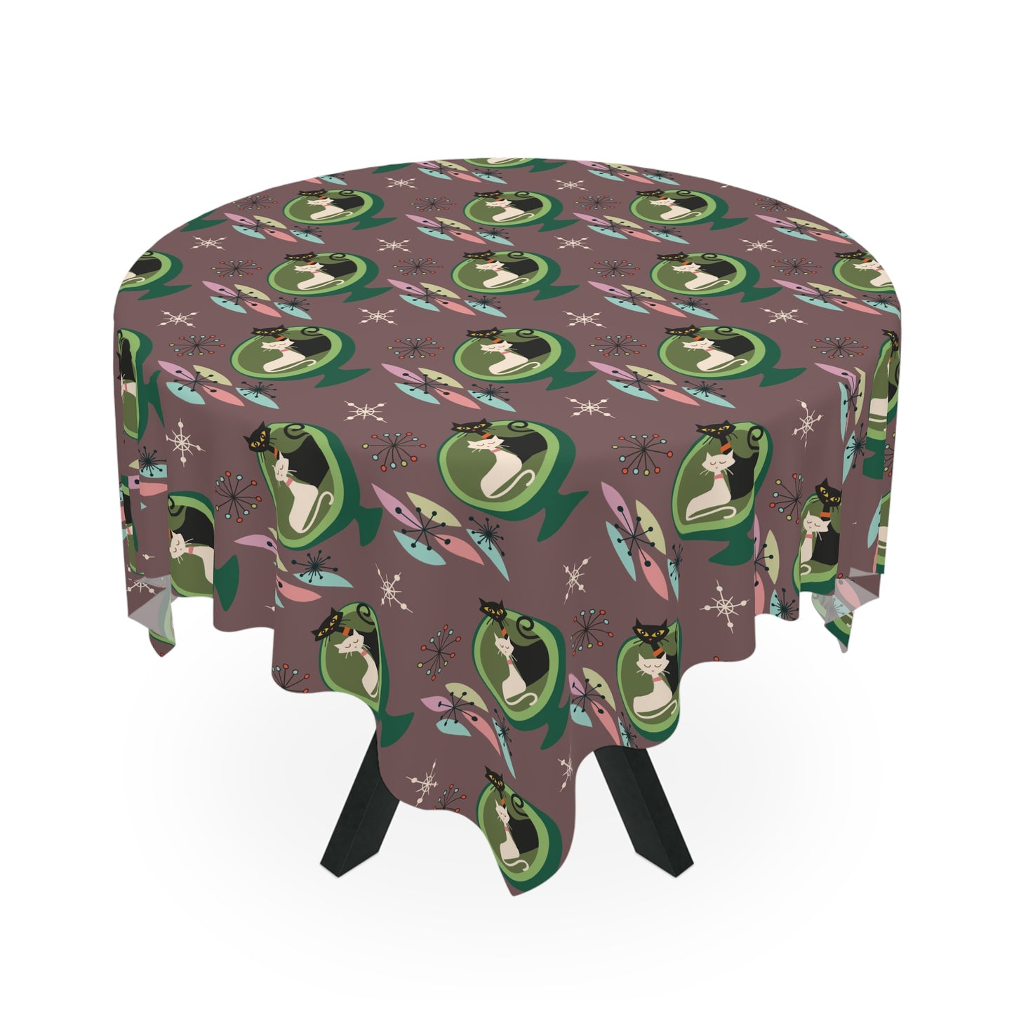 Retro 50s Space Age Atomic Cats in Ball Chair, Mid Century Mod Taupe Tablecloth
