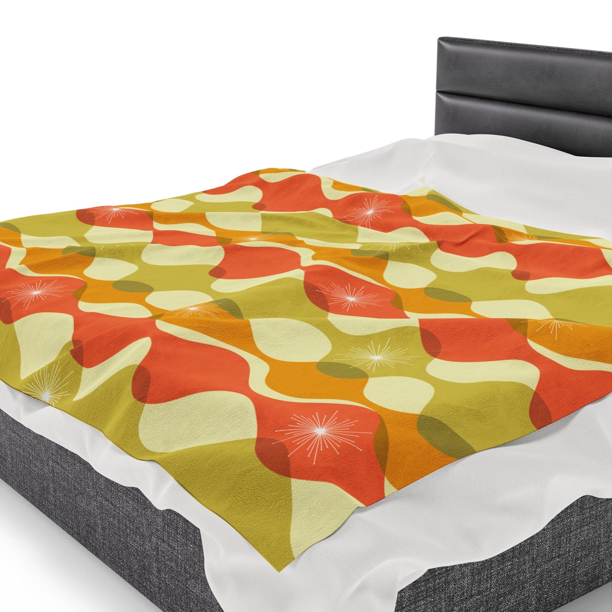 Retro Groovy MCM Abstract Green, Orange & Mustard Lightweight Velveteen Blanket | lovevisionkarma.com