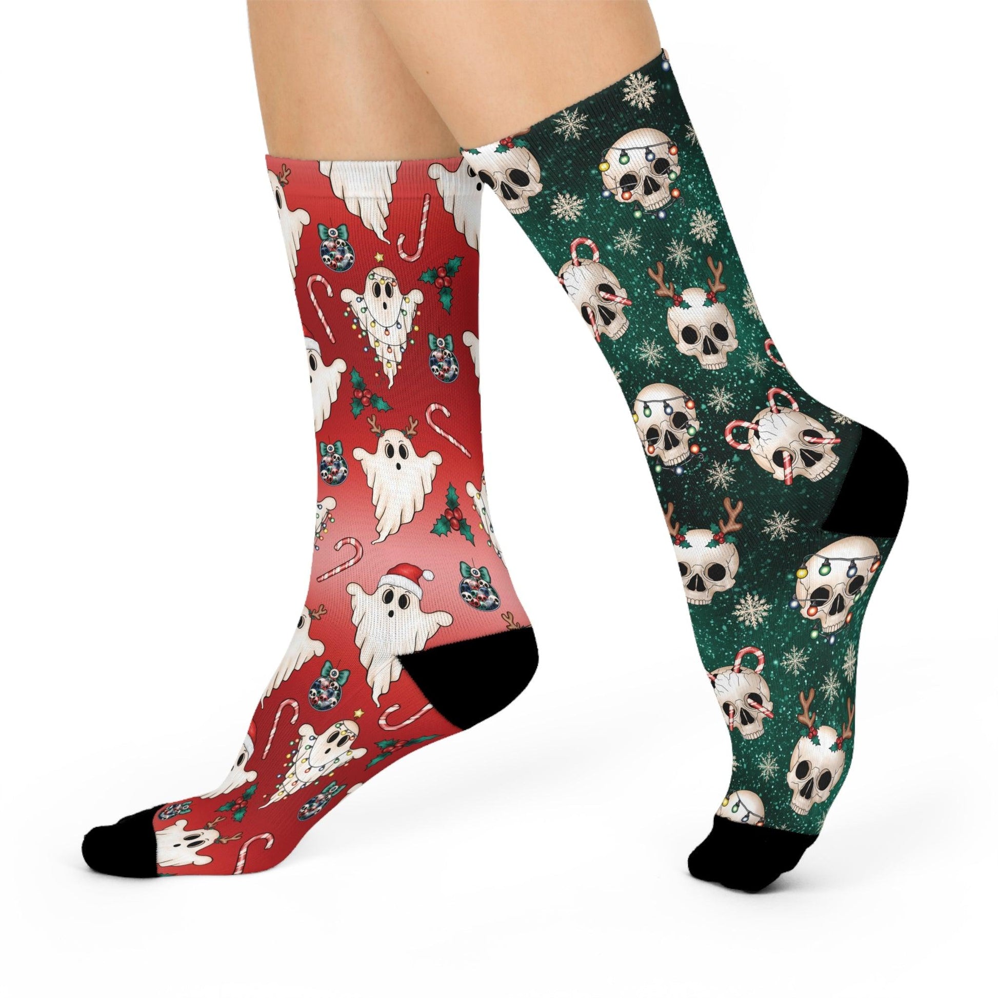 Christmas Ghosts and Skulls Mismatched Gothmas Red and Green Creepmas Cushioned Crew Socks | lovevisionkarma.com